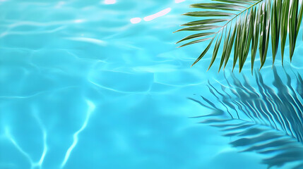 Tropical Palm Leaf Reflection On Vivid Blue Water Surface In Sunlit Swimming Pool Background For Summer Vacation