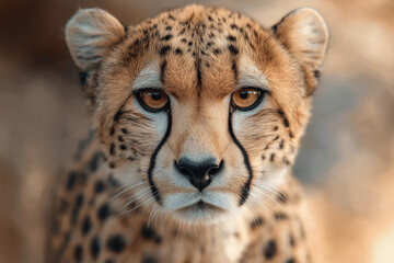 Obraz premium Cheetah gazing directly at the camera in a natural habitat during golden hour