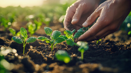 Fototapeta premium Hands gently holding a young seedling, symbolizing new life and growth in nature