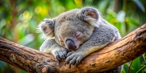 Fototapeta premium Peaceful Koala Napping on a Tree Branch in Lush Foliage
