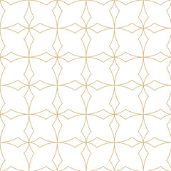 Fototapeta premium Abstract geometric pattern with squares, crosses, stripes, lines. Seamless vector background. White and gold ornament. Modern reticulated graphic design.
