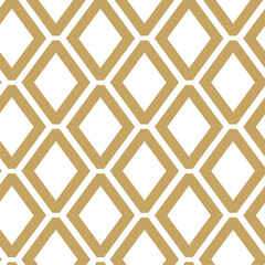 Abstract geometric pattern with squares, crosses, stripes, lines. Seamless vector background. White and gold ornament. Modern reticulated graphic design.