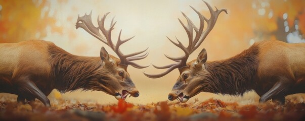 Two male deer engaged in a forceful sparring battle within the foliage