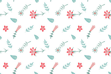Colorful floral design features various red flowers, green leaves, and delicate pastel elements arranged on clean white isolated background, perfect for textile. Vector seamless pattern.