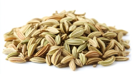Heap of Dried Fennel Seeds Isolated on White Background: Edible Spice with Unique Flavor