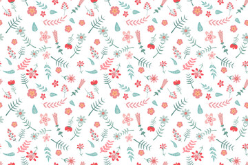 A colorful floral design features various red flowers, green leaves, and delicate pastel elements arranged on clean white isolated background, perfect for creative projects. Vector seamless pattern.