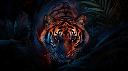 Obraz premium Title: Majestic tiger with glowing neon patterns in a dark jungle. A surreal representation of power, mystery, and the beauty of wildlife with a futuristic twist. 