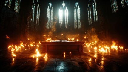 Naklejka premium A dramatic gothic hall is alive with flickering flames surrounding an open book, casting an extraordinary ambiance that evokes emotions related to storytelling and ancient wisdom.