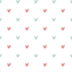 A playful arrangement of small hearts in pastel colors of pink and blue scattered across a white background. This delightful vector seamless pattern is perfect for crafts or digital designs.