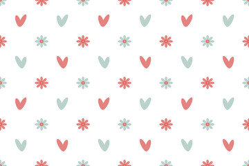 Pink blue hearts flowers on isolated background Seamless vector pattern Lovely romantic design Textiles Fabric Wallpaper decorative Wrapping paper Valentine's Day Flat style Spring summer mood
