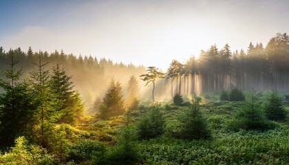 Fototapeta premium Morning light in misty forest, golden sunbeams through trees, enchanting woodland scene