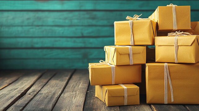 Wrapped gifts stacked neatly on a wooden surface against a rustic backdrop, conveying anticipation and the joy of giving.