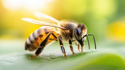 A detailed close-up of a bee resting on a leaf, showcasing its intricate features and the beauty of nature, emphasizing the importance of bees in the ecosystem.