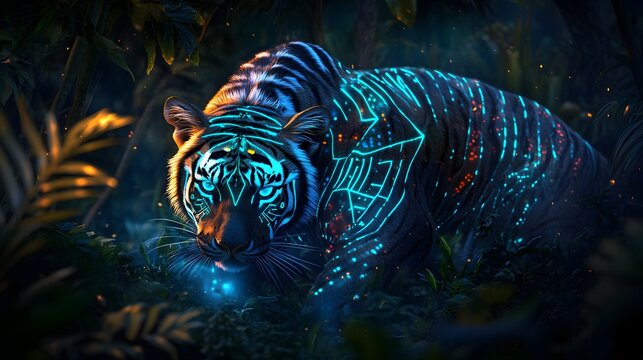 Title:
Majestic tiger with glowing neon patterns in a dark jungle. A surreal representation of power, mystery, and the beauty of wildlife with a futuristic twist.
