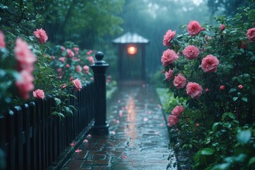Rainy Day Roses: A serene garden path lined with blooming roses under a gentle shower Peaceful and idyllic scenery