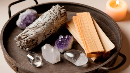 A beautifully arranged spiritual cleansing set with a bundle of white sage, palo santo sticks