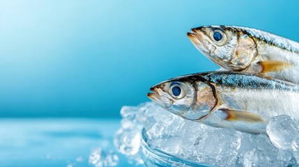 Close-up view of two fish resting on ice, accentuated by a clear blue background, emphasizing their freshness and suitability for culinary applications.