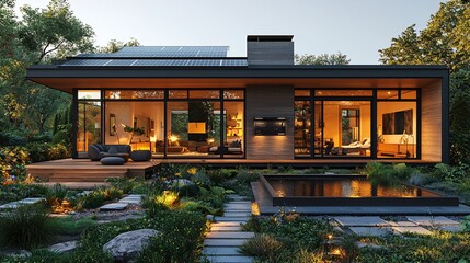 Fototapeta premium Modern eco-friendly house with solar panels and serene garden at dusk, illuminated with warm lights