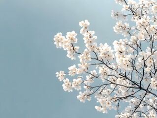 Fototapeta premium Blossom Branch Against Blue Sky: Delicate white blossoms bloom profusely on a branch against a serene pale blue sky, conveying a sense of renewal and gentle beauty.