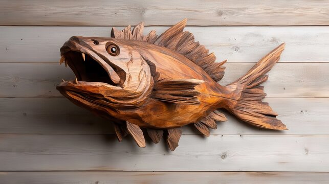 A striking wooden fish sculpture rendered in rich detail, representing the fusion of artistry and nature, perfect for enhancing any artistic and natural-themed space.