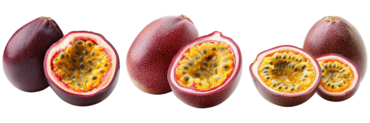 Collection of Fresh Ripe Passion Fruits with Juicy Yellow Pulp and Black Seeds Isolated on Transparent Background