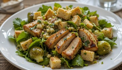 Cesar salad with grilled chicken croutons and Brussels sprouts