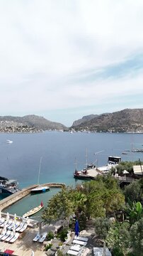 Vertical framing of aerial view of Bozburun district. Mugla city of Turkey