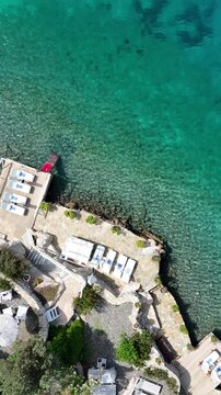 Vertical framing of aerial view of Bozburun district. Mugla city of Turkey