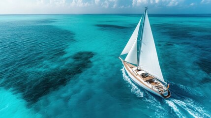 A stunning yacht elegantly glides over vibrant turquoise waters, surrounded by lush tropical scenery under a bright sky, embodying the allure of a perfect sailing adventure.