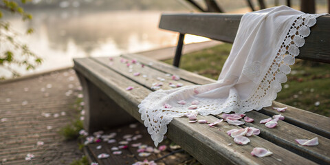 Abandoned wooden bench with lace cloth and scattered petals in cemetery at sunrise representing grief
