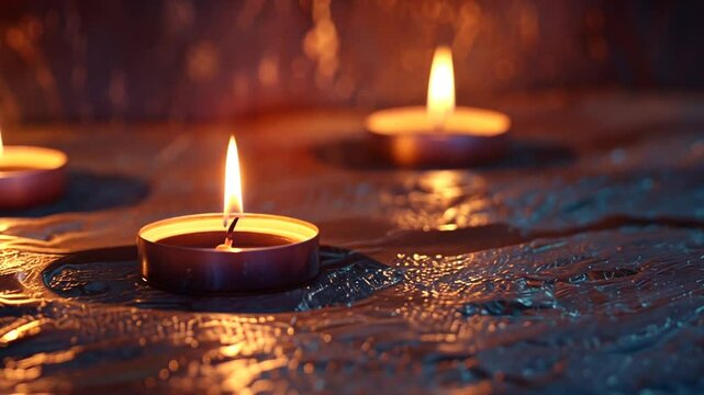 Mehrere Kerzen auf nassem Boden mit Spiegelung