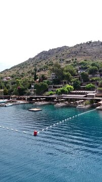 Vertical framing of aerial view of Bozburun district. Mugla city of Turkey