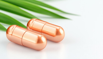 Copper capsules on clean surface with soft focus and green leaves