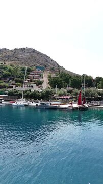 Vertical framing of aerial view of Bozburun district. Mugla city of Turkey