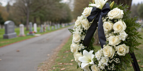 White funeral wreath with black ribbon placed on cemetery road as a symbol of mourning and tribute