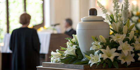 Funeral urn with fresh white lilies in church during memorial service symbolizing farewell and loss
