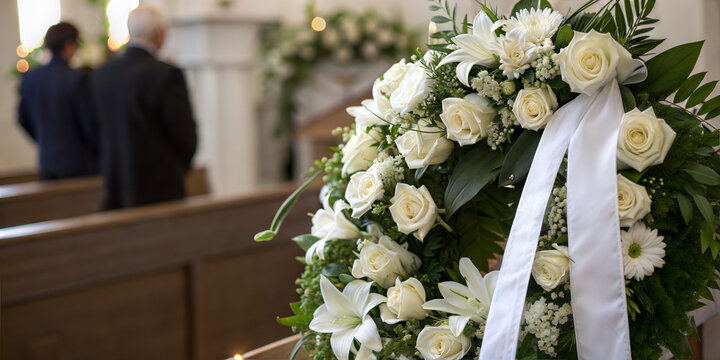White funeral wreath with ribbon inside church during memorial service honoring the departed
