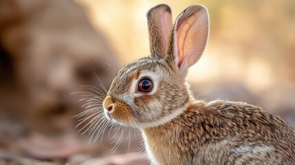 Fototapeta premium Charming Cottontail: Adorable Young Rabbit at Rio Grande Nature Center, Albuquerque, Showcasing Natural Brown Fur and Ears