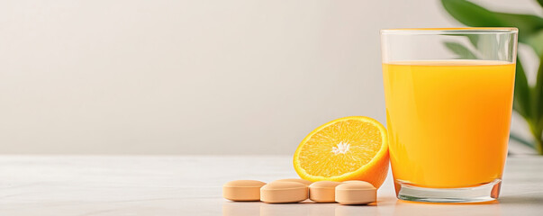 Fresh orange juice and iron supplements on table, promoting health
