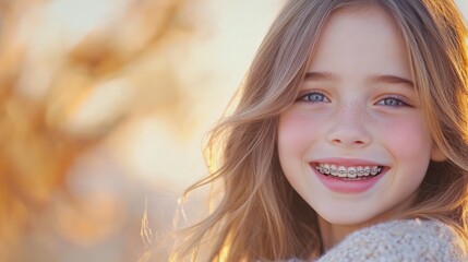 Fototapeta premium Happy Freckled Girl with Braces and Blue Eyes Smiling in a Soft Bokeh Light Background Portrait