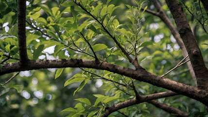 Close-Up of Tree Branches with Green Leaves
