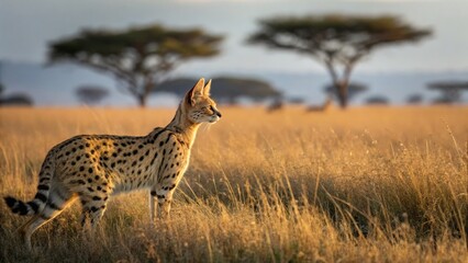 Serval cat observing prey in the african savannah wildlife photography evening light serengeti national park nature's beauty