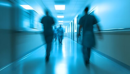 Blurred Hospital Corridor with Medical Professionals in Blue Tones