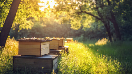 Old wooden beehives dot the rural summer field