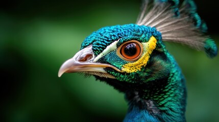 Obraz premium This close-up image of a peacock reveals intricate feather textures and stunning colors, creating a compelling representation of nature’s artistry and vibrant elegance.