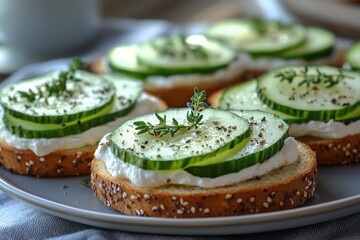 Elegant cucumber appetizers on multi-grain bread spread with creamy cheese topped with fresh thyme and cracked pepper Healthy snack