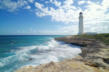 Fototapeta premium Historic lighthouse on a rugged coastline, resilience