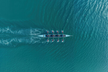Aerial view of a rowing team in synchronization moving across turquoise water creating ripples and reflections