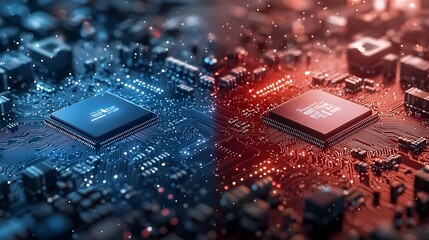 Futuristic AI powered chip processors from the USA and China competing in a digital cyberspace arena showcasing the technological rivalry and innovation between the two superpowers  3D