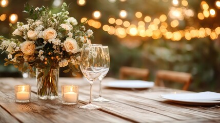 This image showcases a beautifully arranged bouquet of roses and greenery, set against a backdrop of warm, twinkling lights, creating a romantic dining atmosphere.